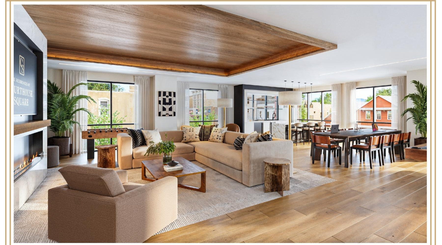 a clubhouse room with a large window