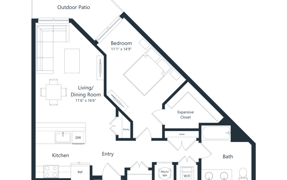 A7 - 1 bedroom floor plan layout with 1 bathroom and 789 square feet