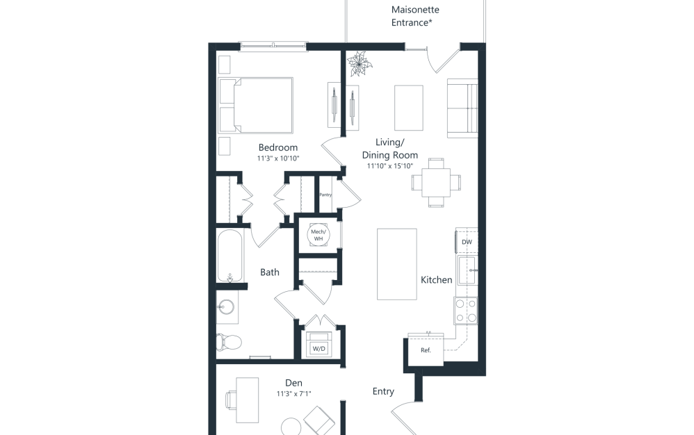 B1 - 1 bedroom floor plan layout with 1 bathroom and 873 square feet