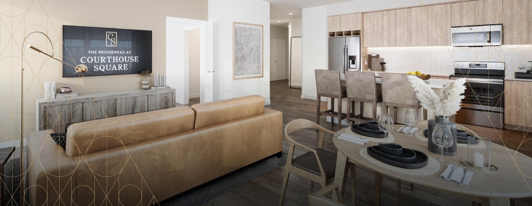 a living room with a couch and dining table